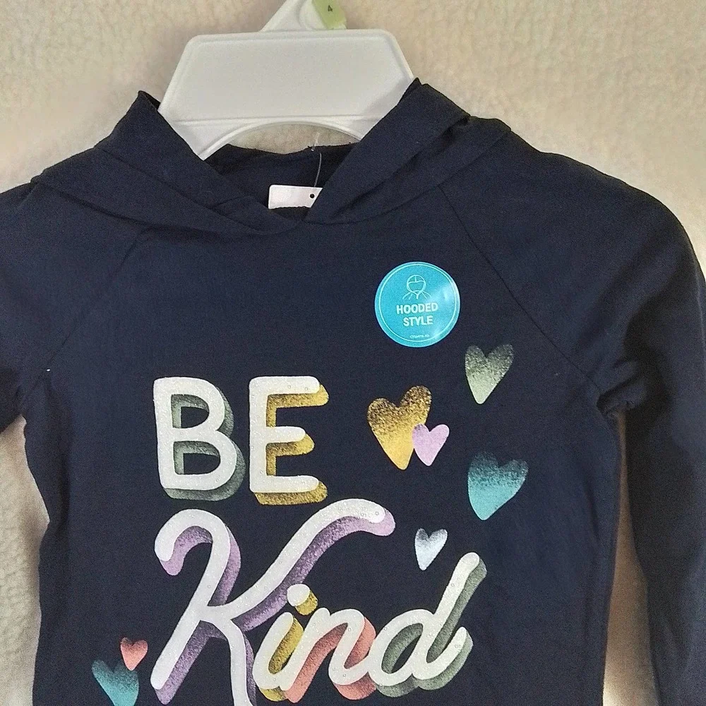 Carter's Long Sleeve Cotton T-Shirt‎ Hoodie Size 4 Navy w/ Be Kind Graphic
